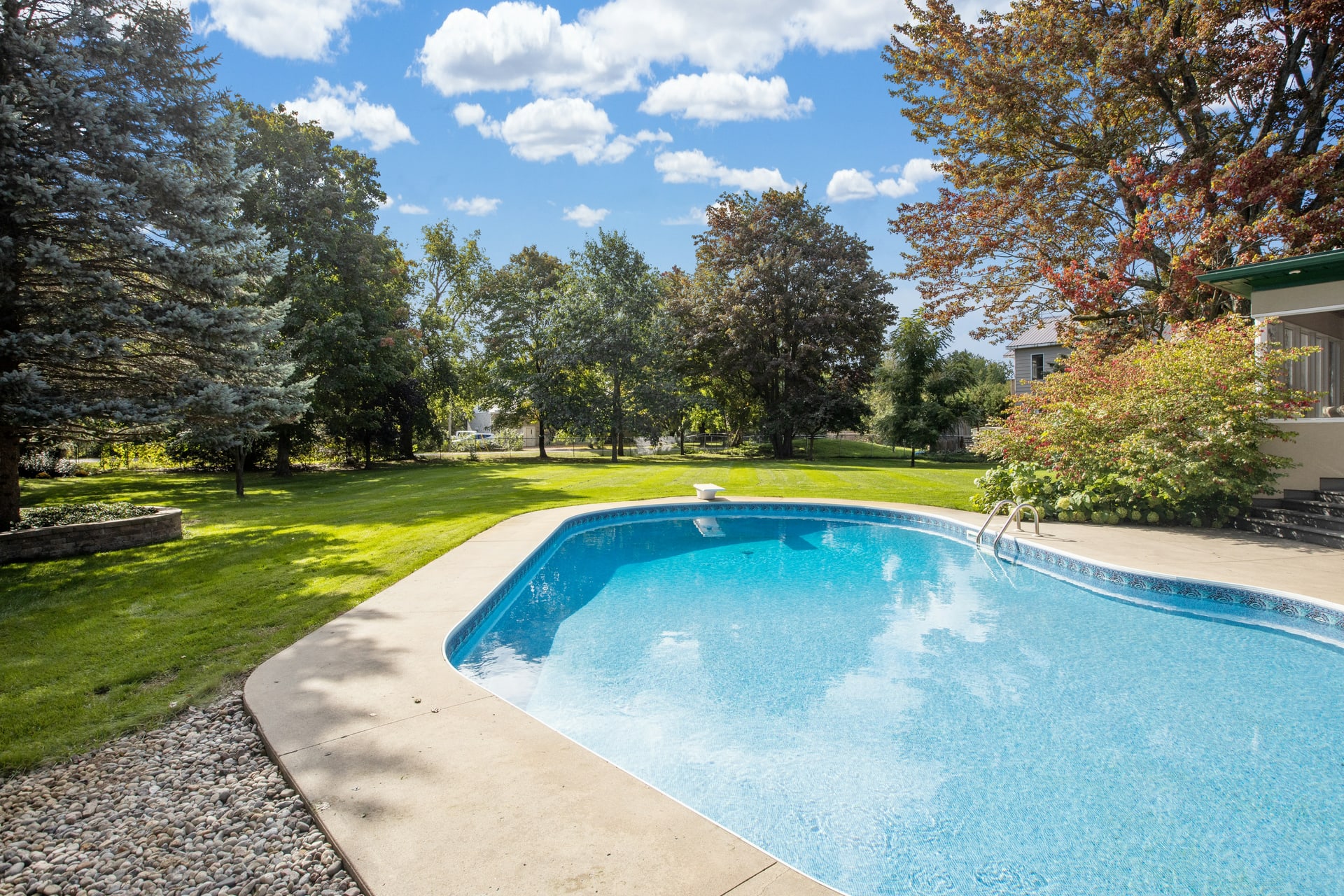 Clear blue swimming pool beside a sunlit garden